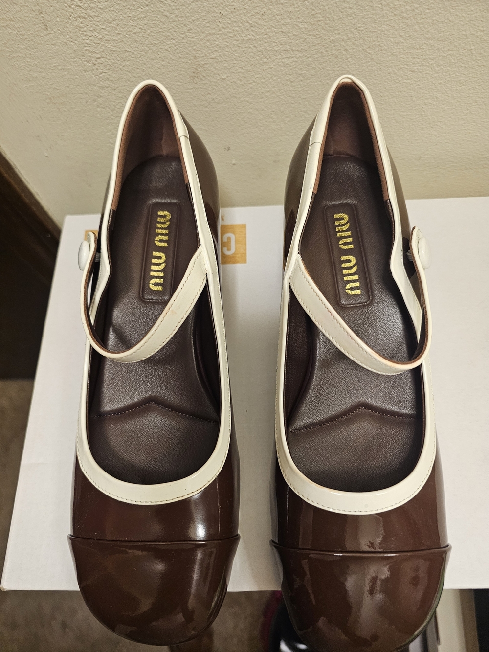 Miu Miu Brown and Cream Mary Jane Pumps